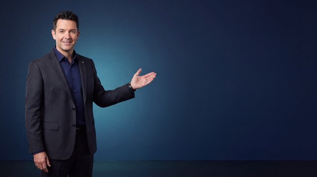 A man in a dark suit and blue shirt stands against a dark blue background, gesturing with ad social media download thambnail poster web template event festival 2026 2027 2028