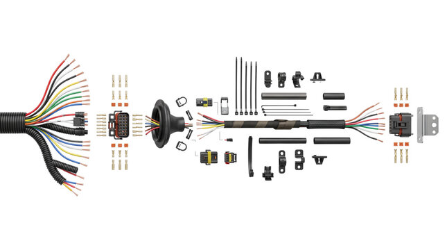Detailed electrical wiring harness components organized neatly for automotive installation shown against a clean white background
