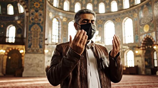 Mature man wearing mask looking up inside historic mosque