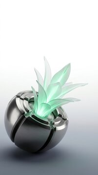 Futuristic seed pod design bursting with green energy and stylized plant elements