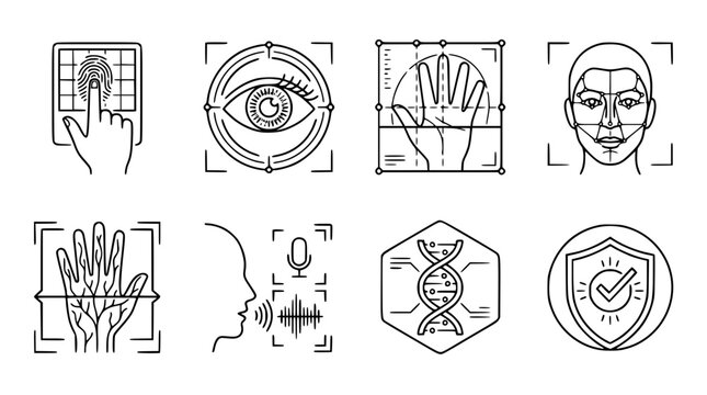Biometric security icons: fingerprint, eye, palm, face, DNA, voice, shield, line art