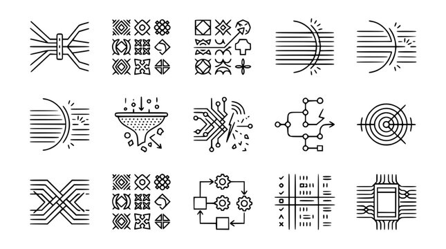 Technology Icons: Circuitry, Data Flow, Filtering, Patterns, Network, CPU Chip