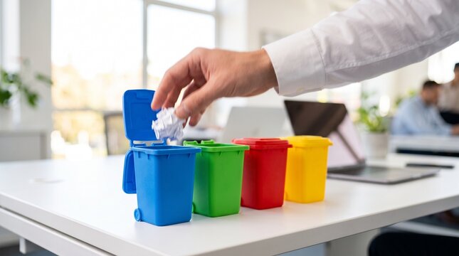 Hand disposing of crumpled paper into a miniature blue recycling bin on a desk with waste sorting office recycling waste management workplace sustainability environmental responsibility