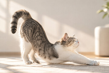 Graceful cat in a deep stretch, back forming a concave curve.
