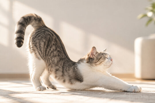 Graceful cat in a deep stretch, back forming a concave curve.