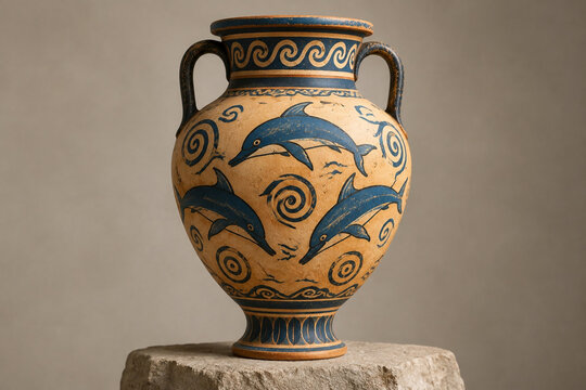 Minoan terracotta amphora with painted dolphins on stone pedestal.