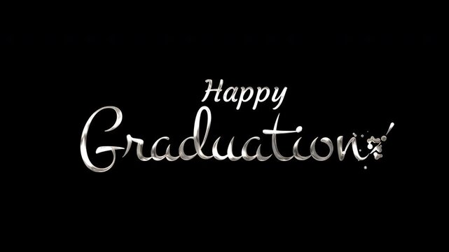 Silver elegant cursive happy graduation lettering on a solid black background, perfect for graduation invitations, banners, and social media posts.