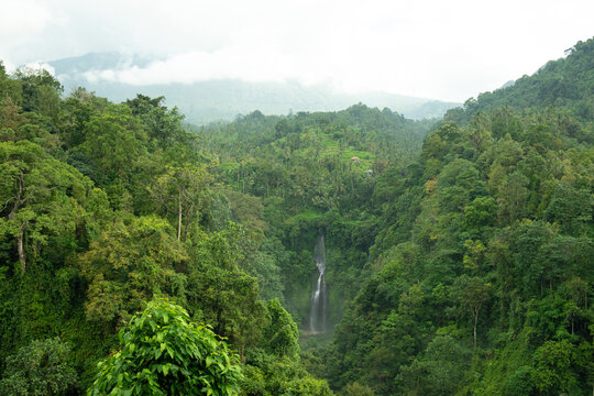 View of a waterfall surrounded by green trees and hills in Bali