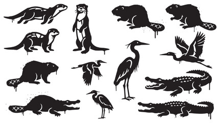 Fototapeta premium River animal stencil vector set with graffiti spray paint effects and silhouettes.