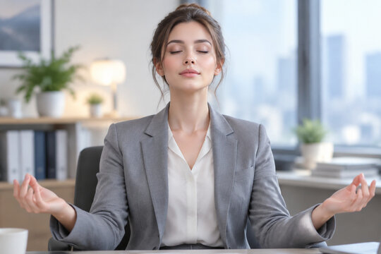 A businesswoman meditating peacefully in a serene office setting.