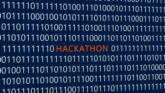 Hackathon text or word with digital binary animation made in After Effects for digital world technology concept, representing collaborative software development events, coding competitions