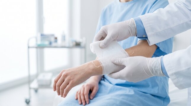Doctor applying a sterile gauze bandage to a patient arm in a bright clinical office with medical treatment arm injury wound dressing clinical care healthcare worker first aid medical check
