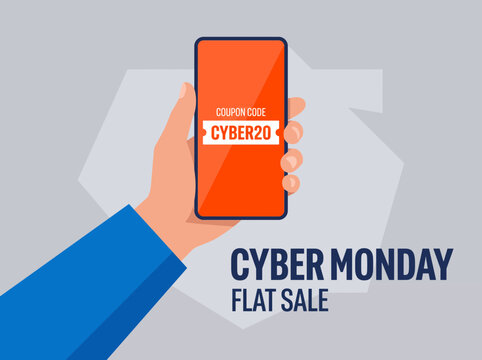 Cyber Monday modern flat design of hand holding a smartphone with a coupon code