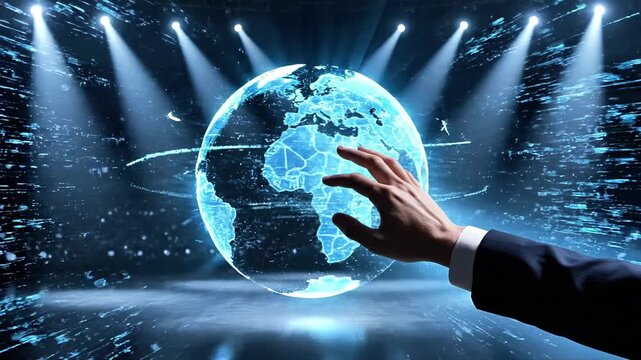 Hand interacting with glowing digital holographic world map.