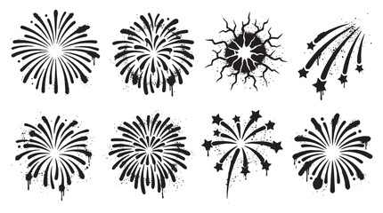 Obraz premium Black and white spray paint stencil fireworks vector set featuring aerosol overspray and drips, street art style pyrotechnic explosion clipart isolated on white.