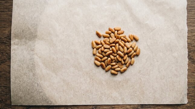 Top-down view of toasted pine nuts on parchment paper for culinary food photography.