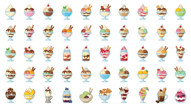 A colorful collection of various ice cream sundaes and desserts in glass bowls and cups.