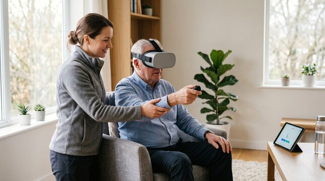Senior man using VR headset for physical therapy at home with caregiver assistance