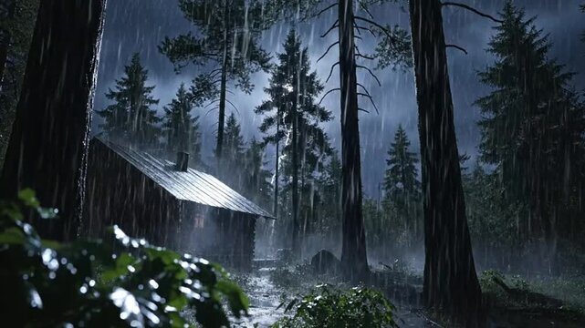 Cozy cabin in dense forest during heavy rainstorm dark moody atmosphere peaceful solitude