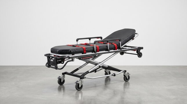 Professional medical emergency stretcher with black mattress and red straps isolated on grey background