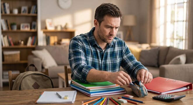 Focused man organizes colorful stationery, notebooks, and school supplies inside a pencil case while sitting at the wooden table in a cozy home living room.