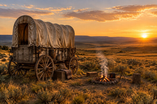 Weathered covered wagon on prairie edge, campfire smoke in golden hour light.