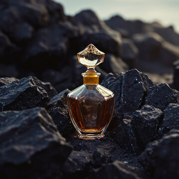 Perfume Bottle Resting on Dark Jagged Rocks