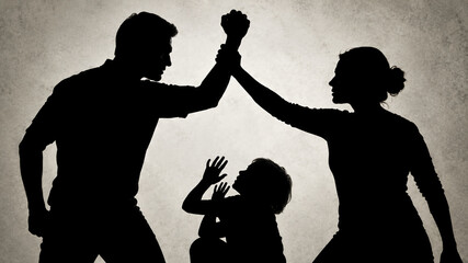 Fototapeta premium A silhouette of a woman stopping a man from hitting a frightened child in domestic conflict.