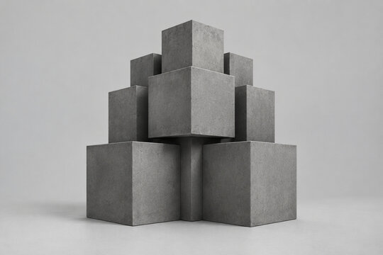 Minimalist geometric sculpture of stacked cubic concrete structures.