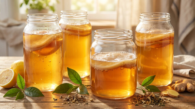 Close up of homemade kombucha tea fermenting in glass jars with a healthy scoby layer.