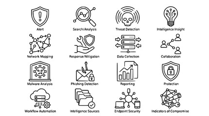 Fototapeta premium Cybersecurity Icons: Black and White Line Art Symbols for Threat Detection, Network Security, and Data Analysis