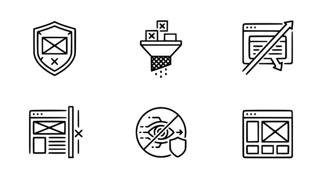 Black and White Line Art Icons for Digital Security, Online Privacy, Ad Blocker, Spam Filter, and Content Blocking Technology Symbols