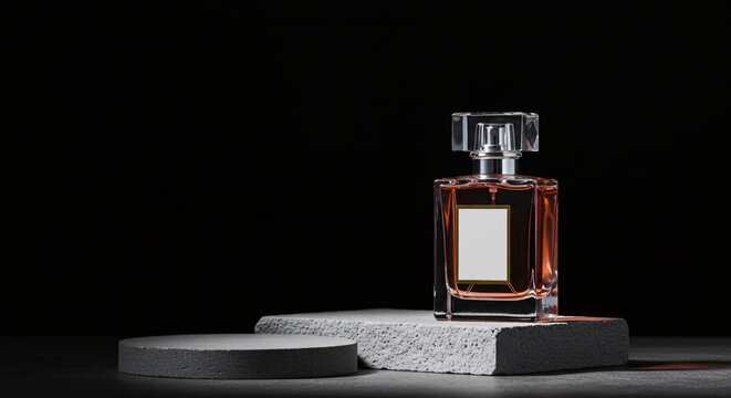 Perfume Bottle on Stone Pedestal Against Black Background