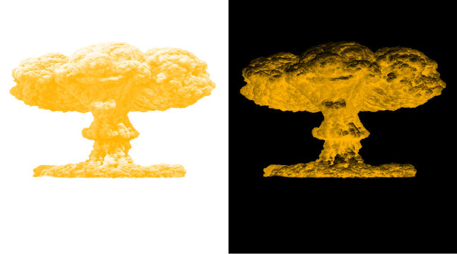 Nuclear mushroom cloud illustration set, golden atomic explosion icons on black and white backgrounds, stylized war and energy symbols