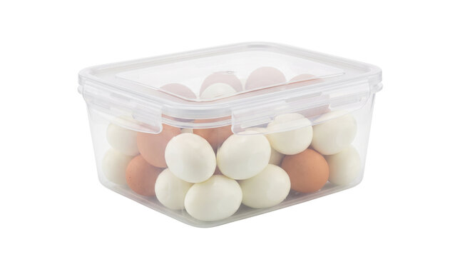 Transparent plastic food container filled with fresh eggs. Clear storage box with brown and white eggs, kitchen organization and meal prep concept. isolated PNG with Transparent Background
