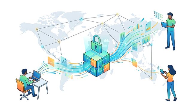 Isometric illustration of global data security and digital information protection with people working on devices.