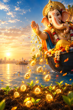Golden Lord Ganesha idol immersion in water with marigold flowers for Ganesh Visarjan celebration