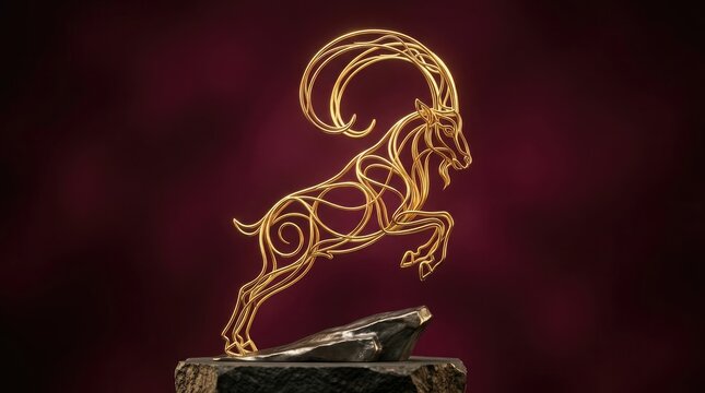 A stunning golden ram sculpture intricately designed with mechanical components stands as a symbol of aries representing leadership courage and determination beautifully illuminated