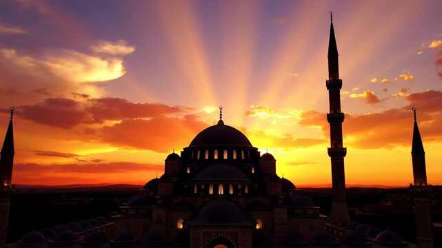 Mosque silhouette under dramatic sunset sky with light rays