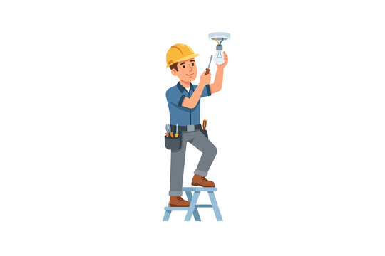 Electrician Installing Light Bulb Vector Illustration