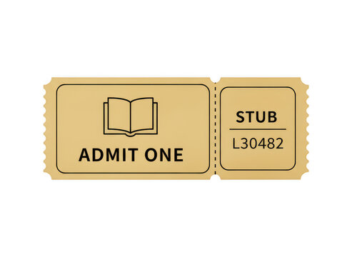A single golden admit one cinema movie ticket icon showing a book symbol for reading event entry pass design