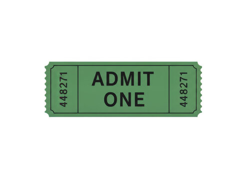 A single green admit one paper ticket for cinema or event entry with a unique serial number for access control