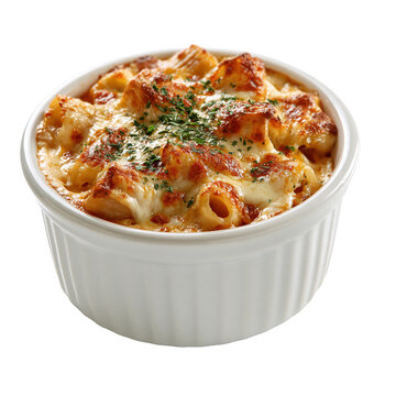 Baked macaroni and cheese in a white ramekin bowl with melted golden brown crust