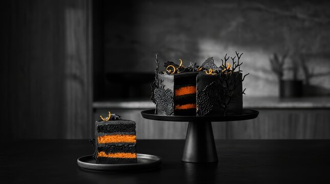 Elegant noir black and orange layered cake for luxury Halloween bakery campaign, cinematic food photography on pedestal.