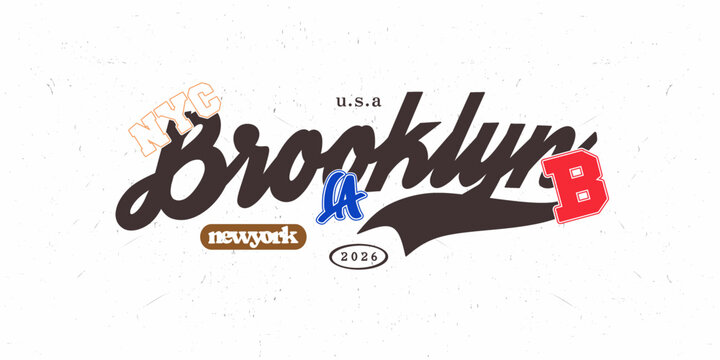 Brooklyn america slogan vintage varsity streetwear typography design print for graphic tee, t-shirts, hat, and poster design 2026 - vector