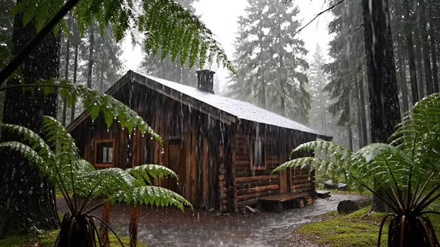 Cozy wooden cabin in a lush forest during a heavy rainstorm serene nature escape