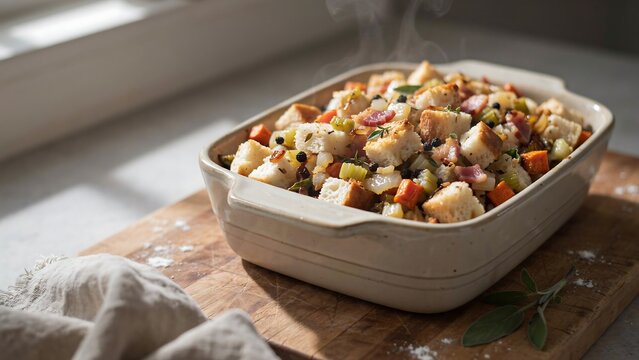 Freshly baked savory bread stuffing with herbs, onions, and celery in a ceramic baking dish on a wooden board with steam rising from it.