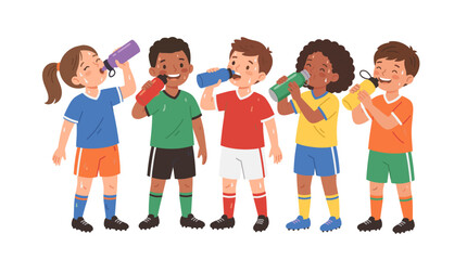 Obraz premium Diverse group of children in sports uniforms drinking water from bottles