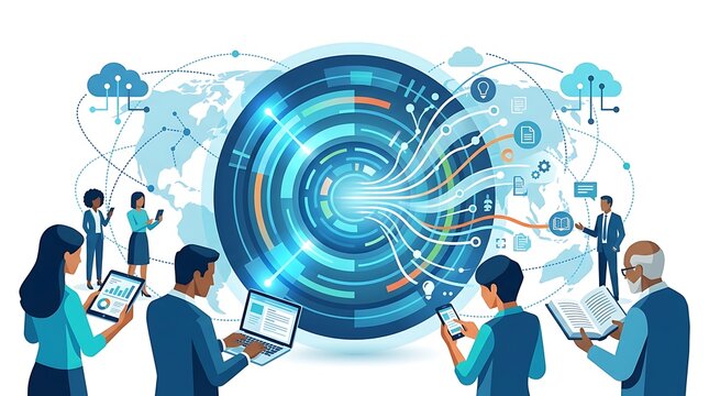 Diverse group of professionals interacting with a digital global network and data visualization interface.