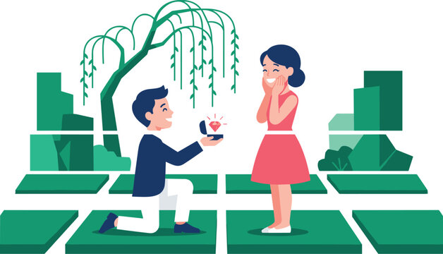 Man proposing to woman with diamond ring in the park
